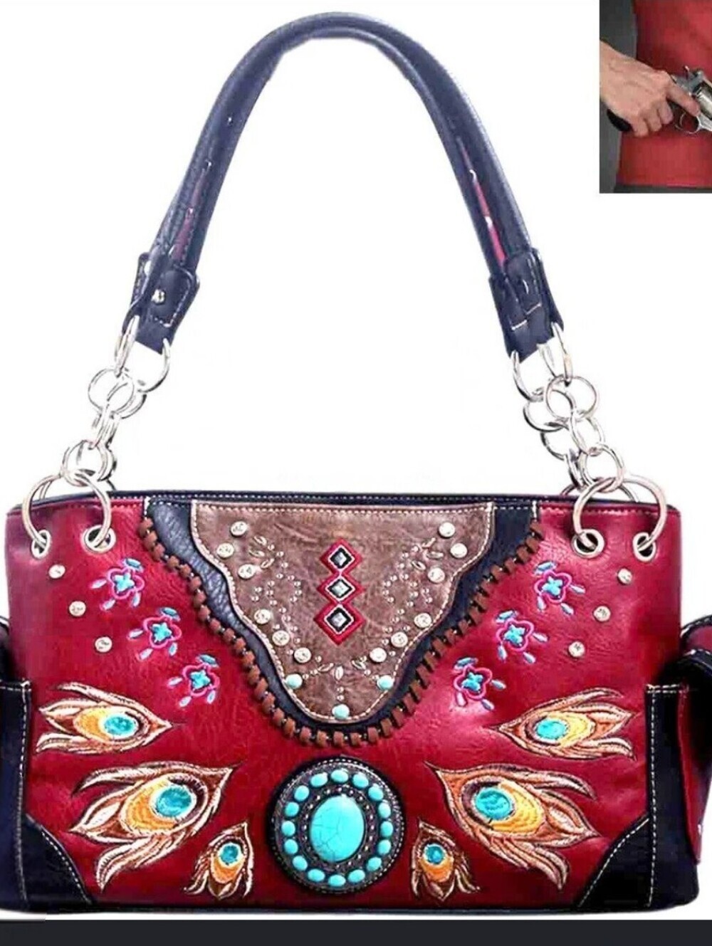 Red Embroidered Turquoise Accent Satchel Handbag - Picture 2 of 7